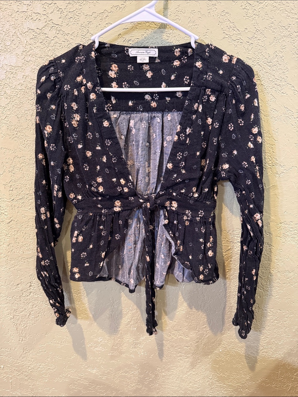 American Eagle Outfitters Black Floral Tie-Front Peplum Blouse